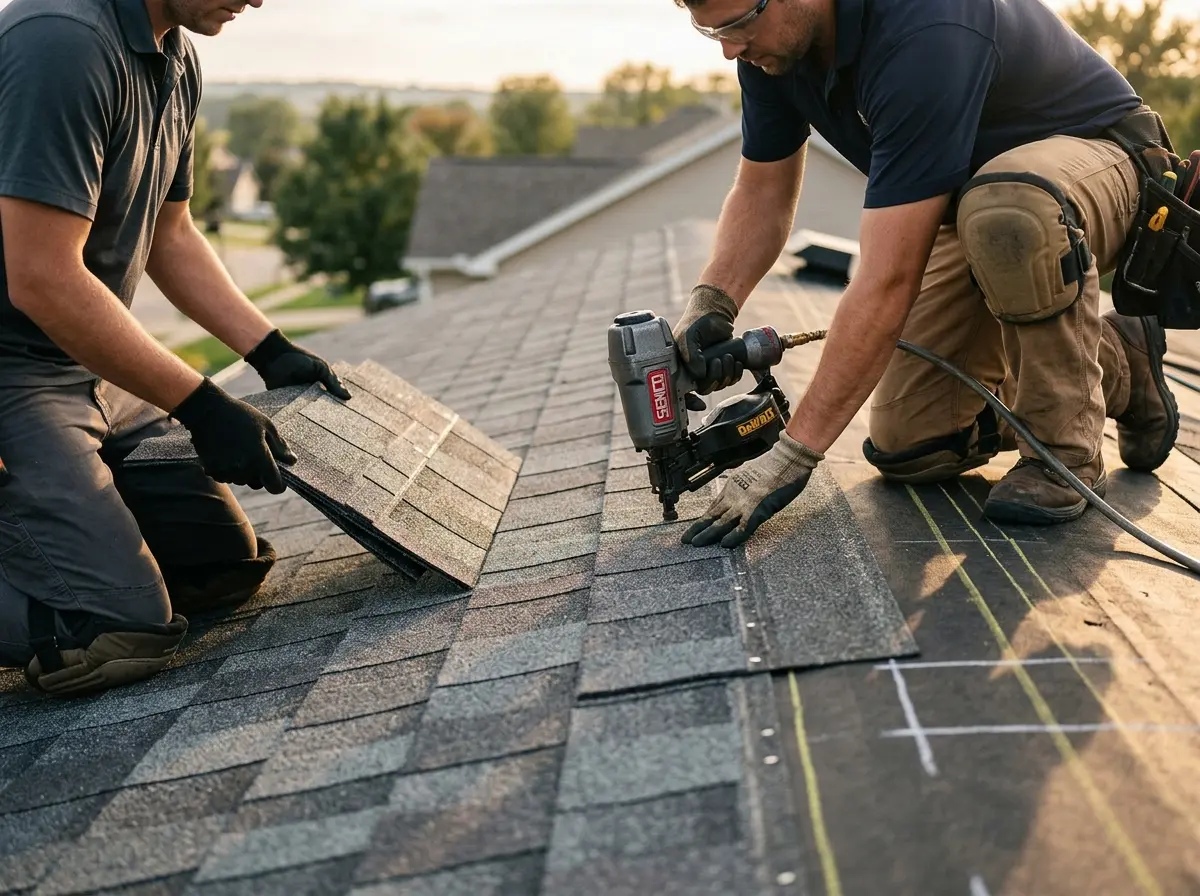 Professional roofer working on a residential roof in Colville